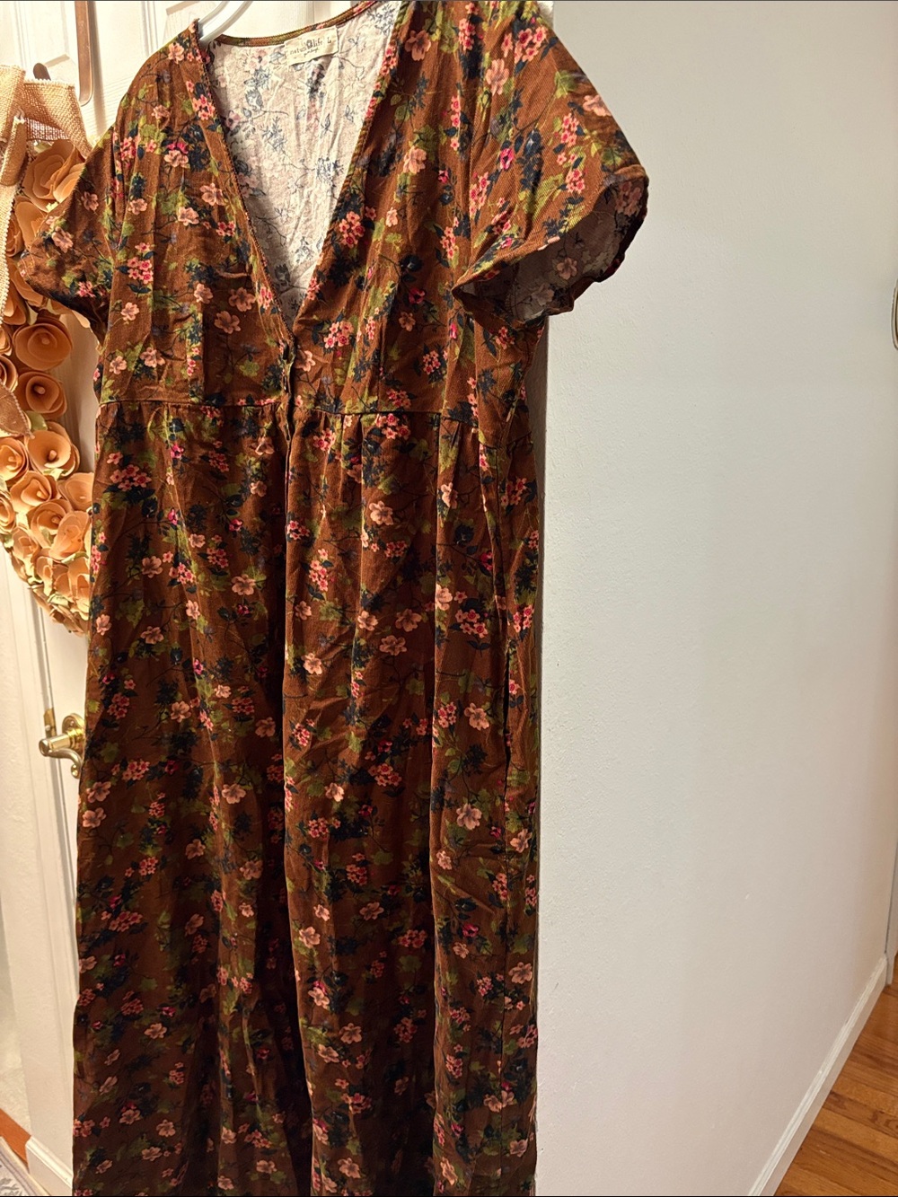 Natural Life Avery Corduroy Floral Midi Brown Dress Large